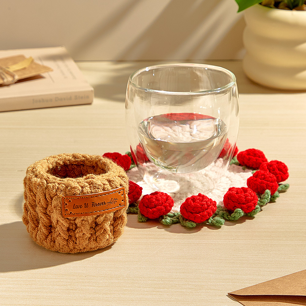 Christmas Gifts Handmade Crochet Rose Bouquet Coaster Set Transformable Floral Coaster & Home Decor Unique Eco-Friendly Gift - aiprintlab