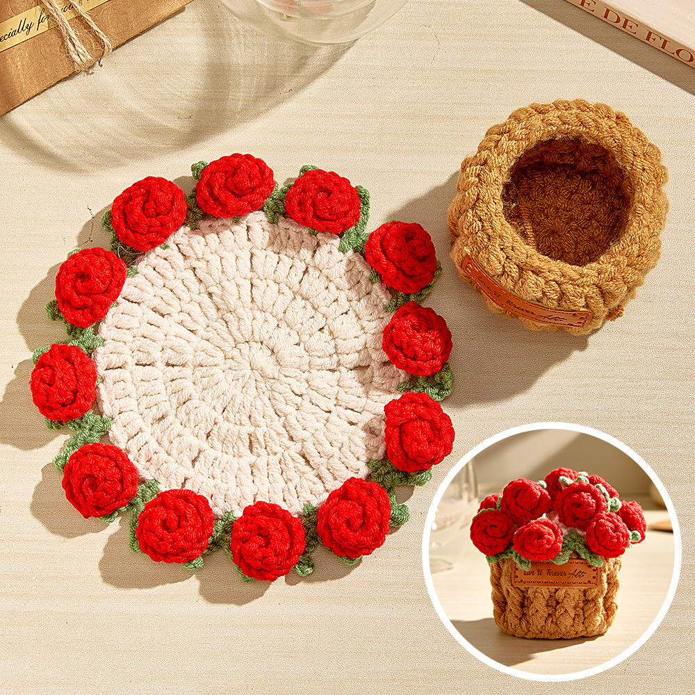 Christmas Gifts Handmade Crochet Rose Bouquet Coaster Set Transformable Floral Coaster & Home Decor Unique Eco-Friendly Gift - aiprintlab