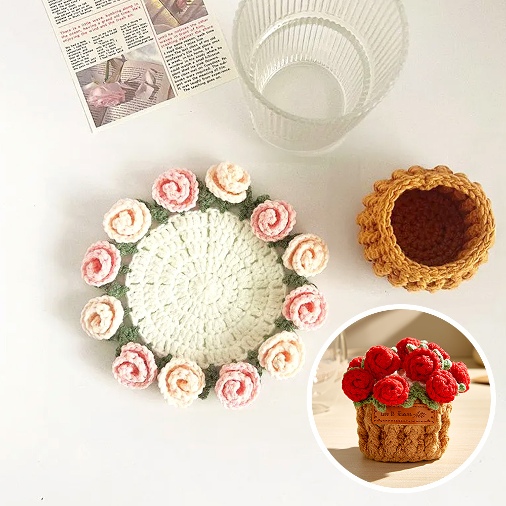 Christmas Gifts Handmade Crochet Rose Bouquet Coaster Set Transformable Floral Coaster & Home Decor Unique Eco-Friendly Gift - aiprintlab