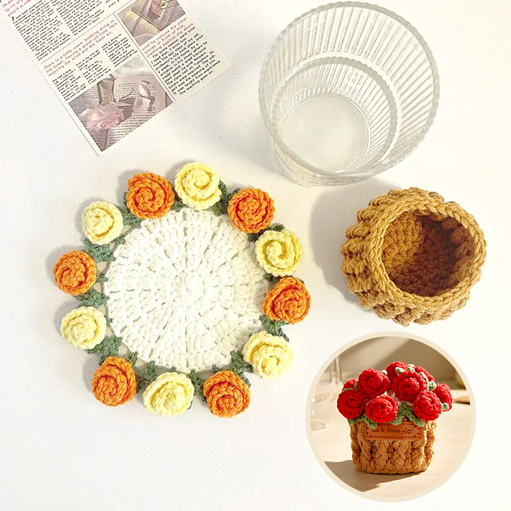 Christmas Gifts Handmade Crochet Rose Bouquet Coaster Set Transformable Floral Coaster & Home Decor Unique Eco-Friendly Gift - aiprintlab