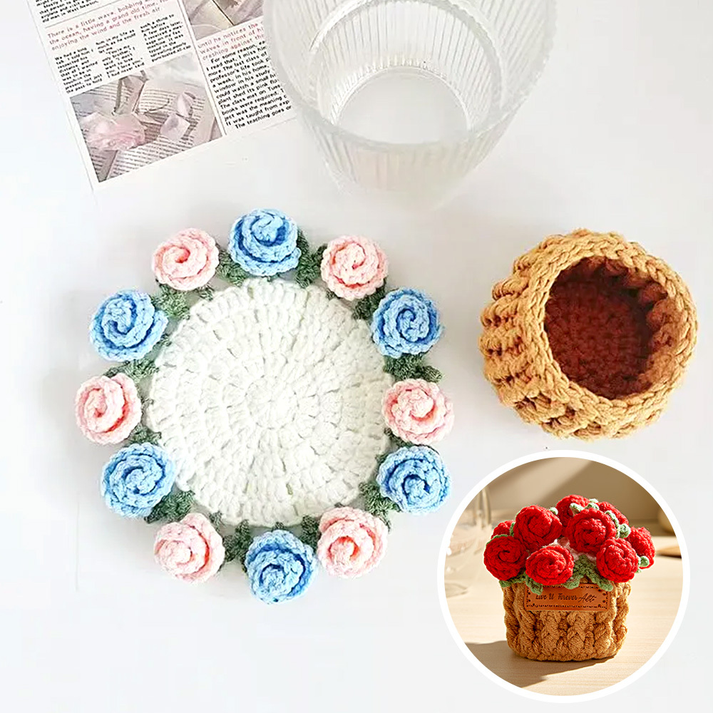 Christmas Gifts Handmade Crochet Rose Bouquet Coaster Set Transformable Floral Coaster & Home Decor Unique Eco-Friendly Gift - aiprintlab