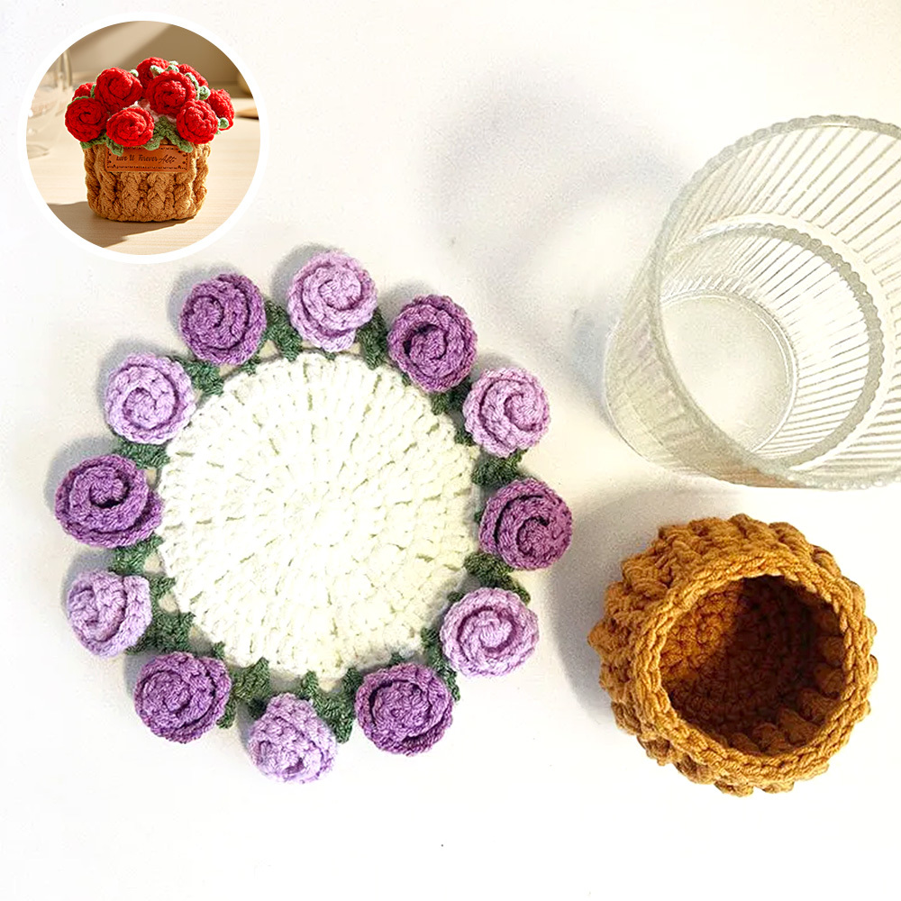 Christmas Gifts Handmade Crochet Rose Bouquet Coaster Set Transformable Floral Coaster & Home Decor Unique Eco-Friendly Gift - aiprintlab
