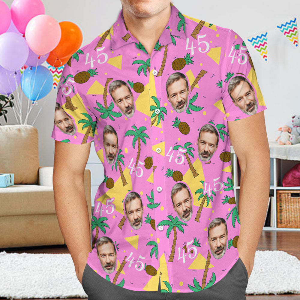 Custom Multi-color Face and Numbers Hawaiian Shirt Father's Day Birthday Present Coconut Tree and Pineapple Gift for Dad - aiprintlab