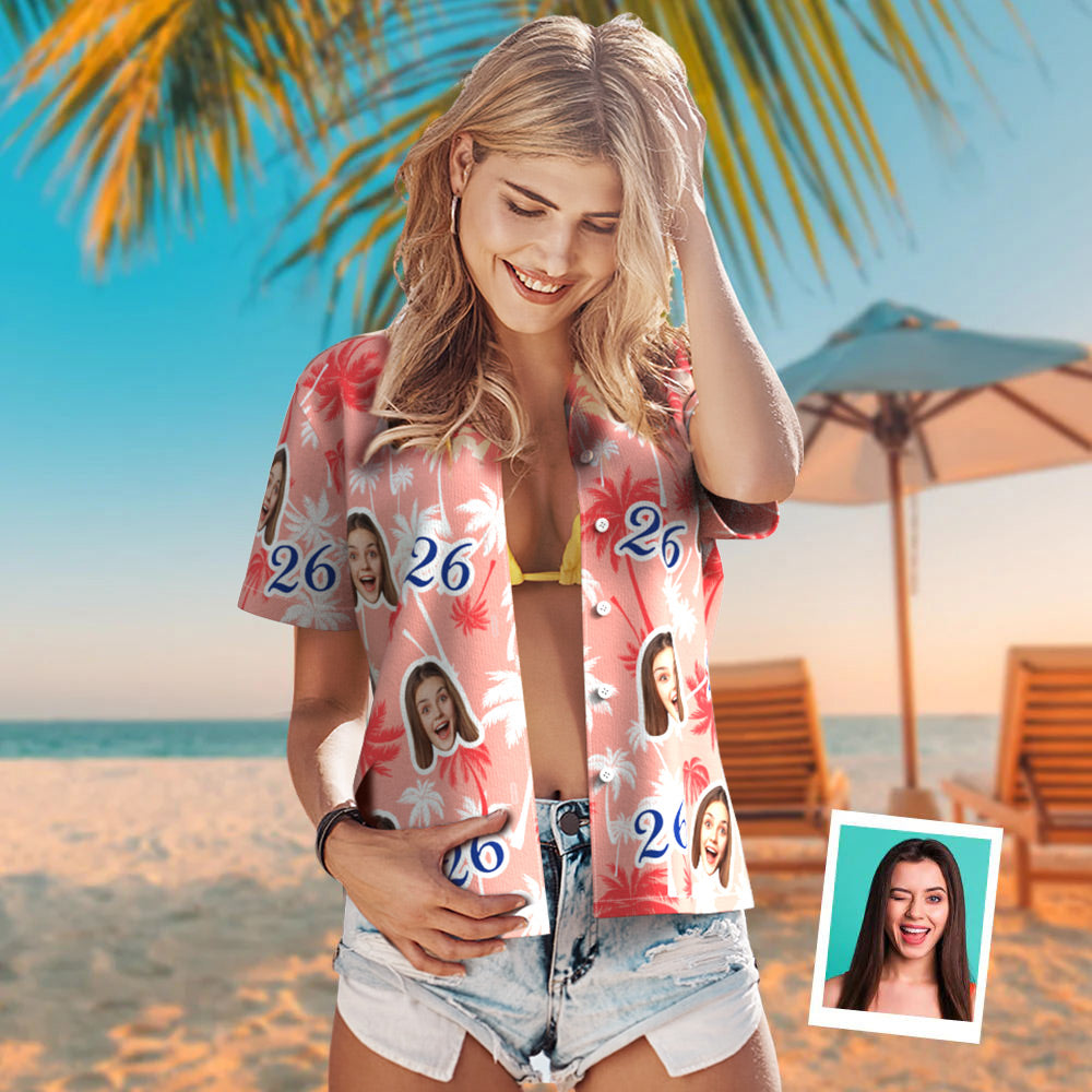 Custom Face And Number Birthday Hawaiian Shirts Red And White Coconut Tree Shirts Birthday Gift For Women - aiprintlab
