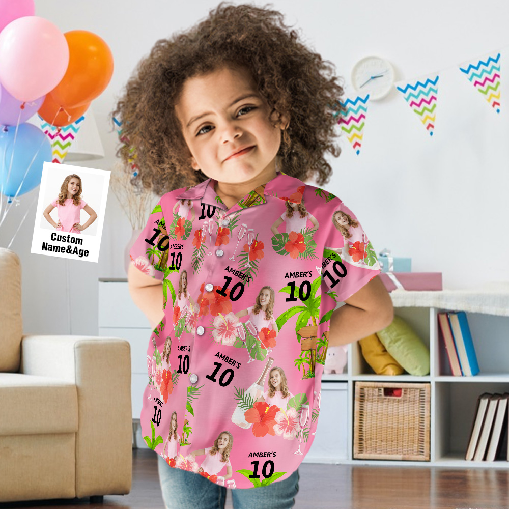 Custom Kid's Face Hawaiian Birthday Shirt With Number And Text Custom Face Hawaiian Shirt Birthday Party Shirts - aiprintlab