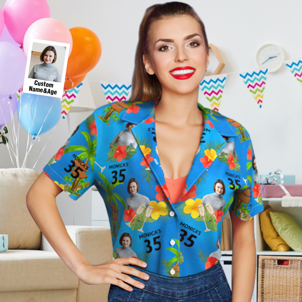 Custom Pink Date and Name Birthday Face Hawaiian Shirt Flower and Leaves Hawaiian Shirt - aiprintlab