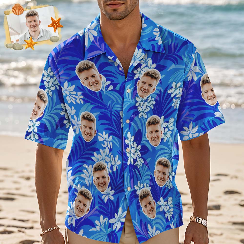 Custom Hawaiian Shirt Blue leaves Personalized Photo Hawaiian Shirt Vacation Party Shirts - aiprintlab