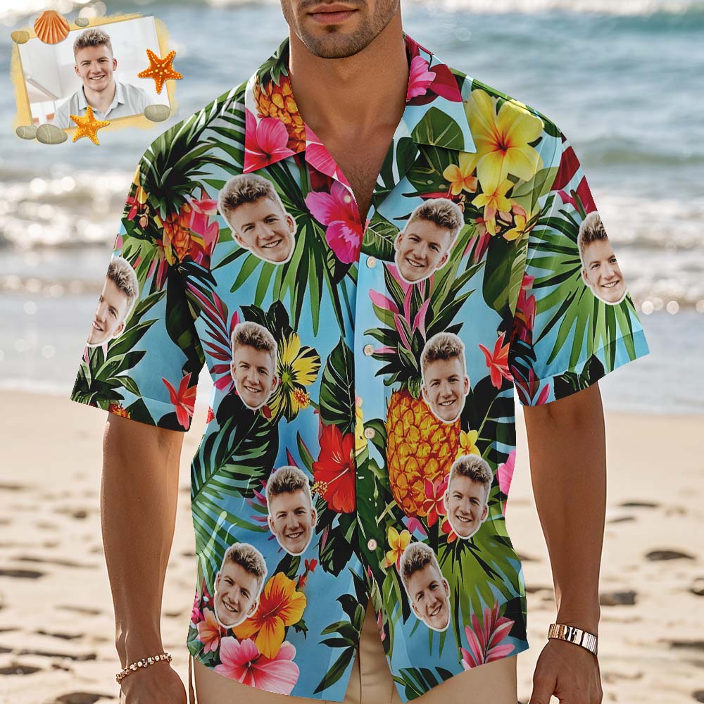 Custom Hawaiian Shirt Blue leaves Personalized Photo Hawaiian Shirt Vacation Party Shirts - aiprintlab