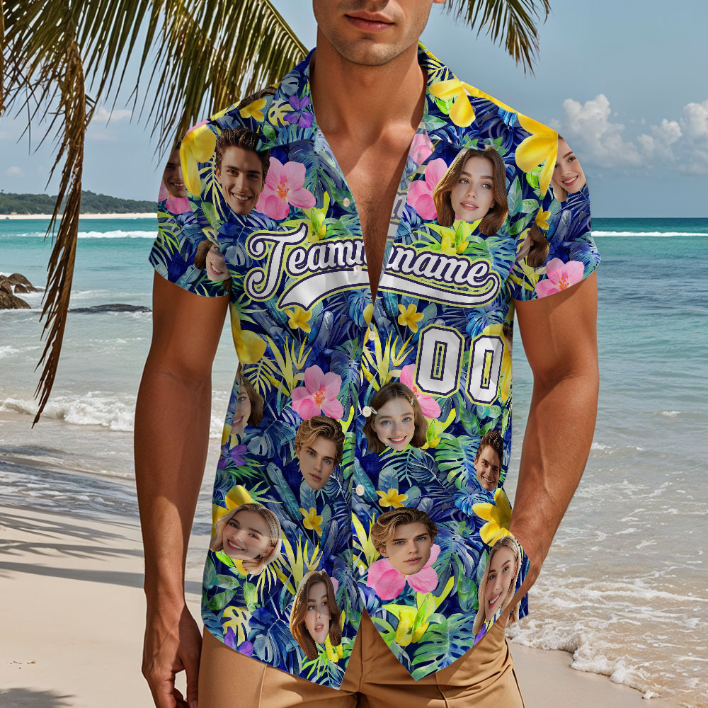 Custom Hawaiian Shirt with Face Teamname Name Number Personalized Hawaii Floral Shirt for Men Women - aiprintlab