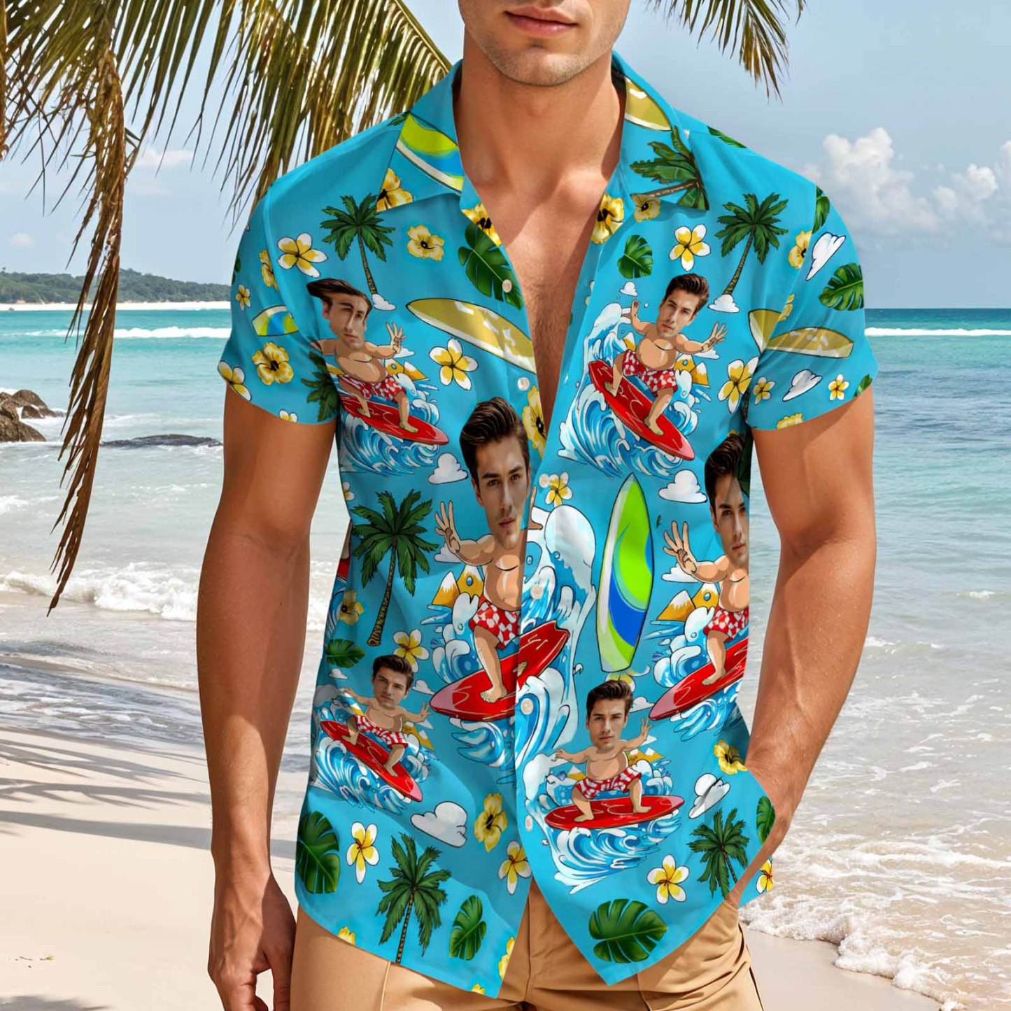 Custom Blue Hawaiian Shirt Personalized Photo Beach Surf Shirt Face Shirt - aiprintlab
