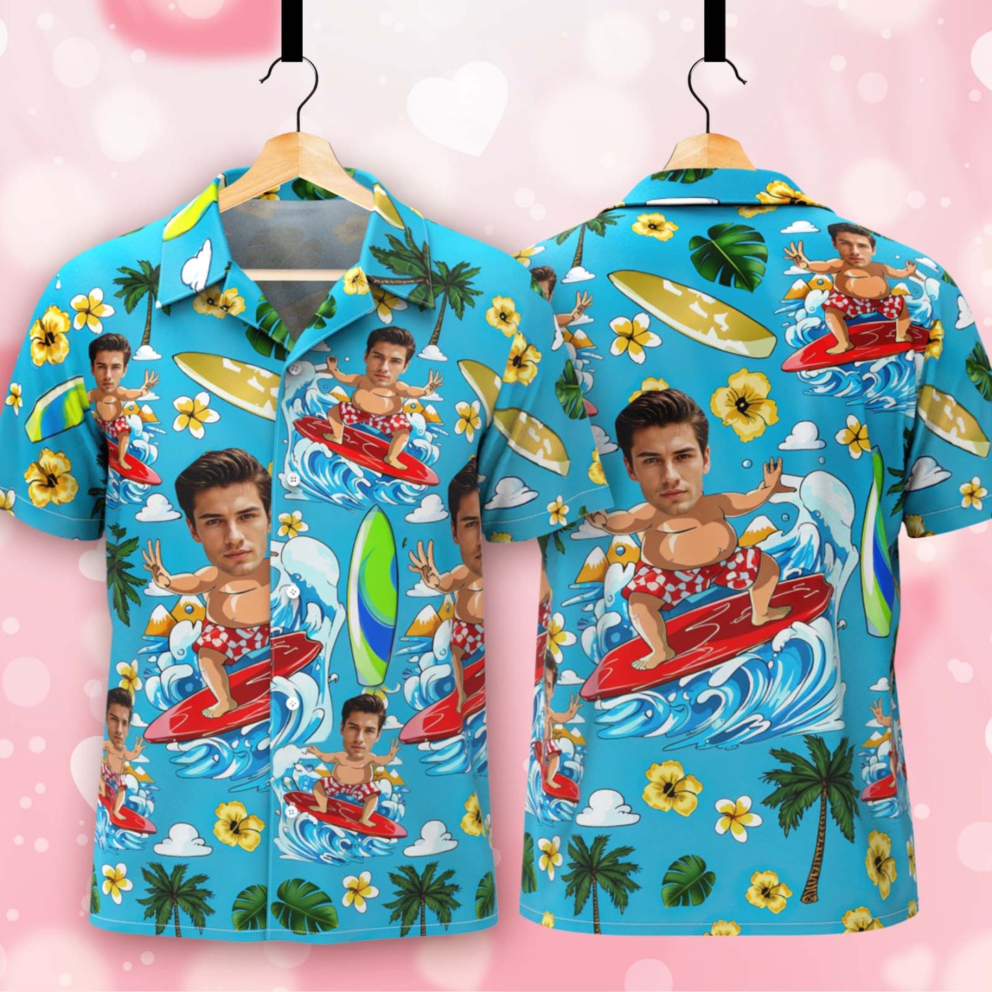 Custom Blue Hawaiian Shirt Personalized Photo Beach Surf Shirt Face Shirt - aiprintlab