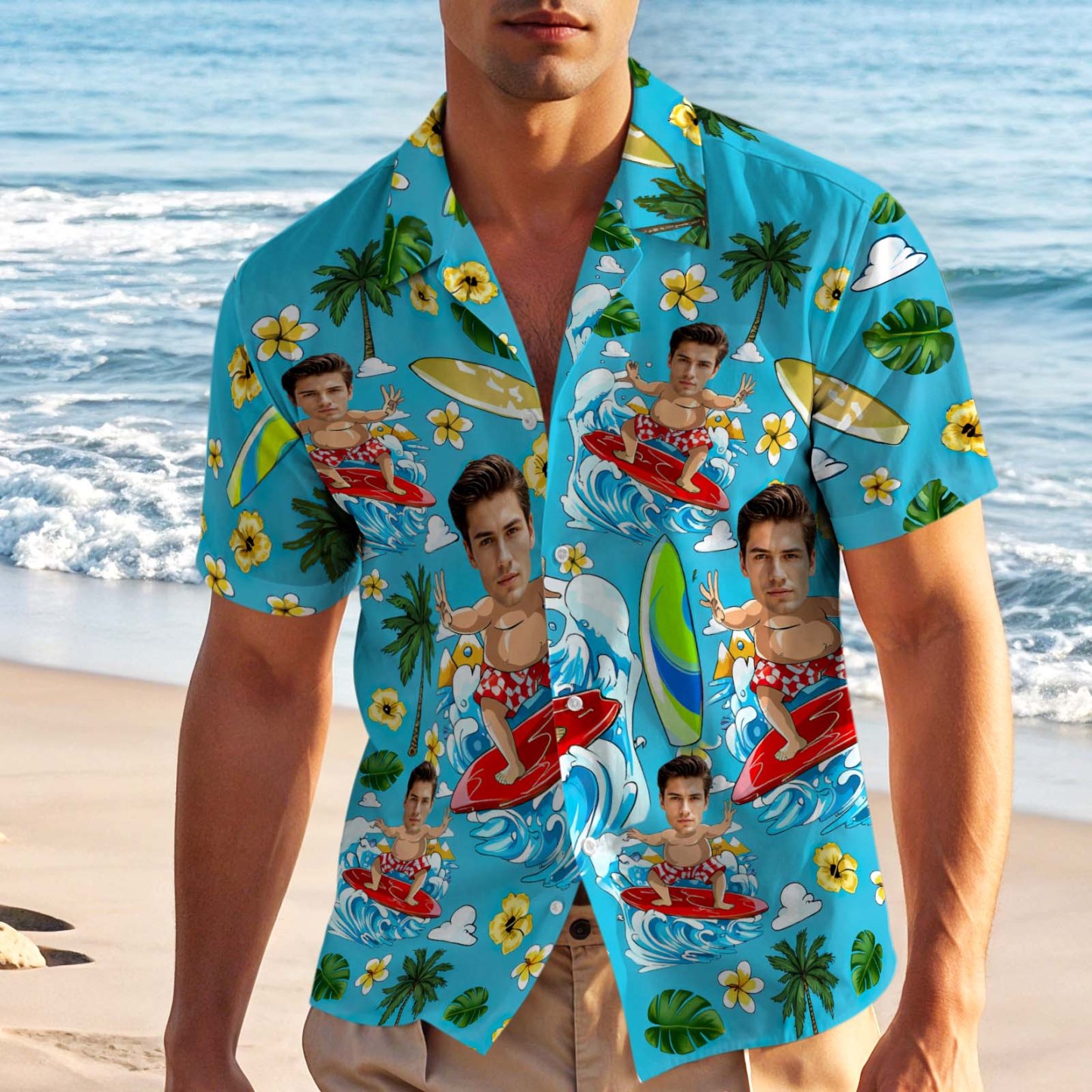 Custom Blue Hawaiian Shirt Personalized Photo Beach Surf Shirt Face Shirt - aiprintlab
