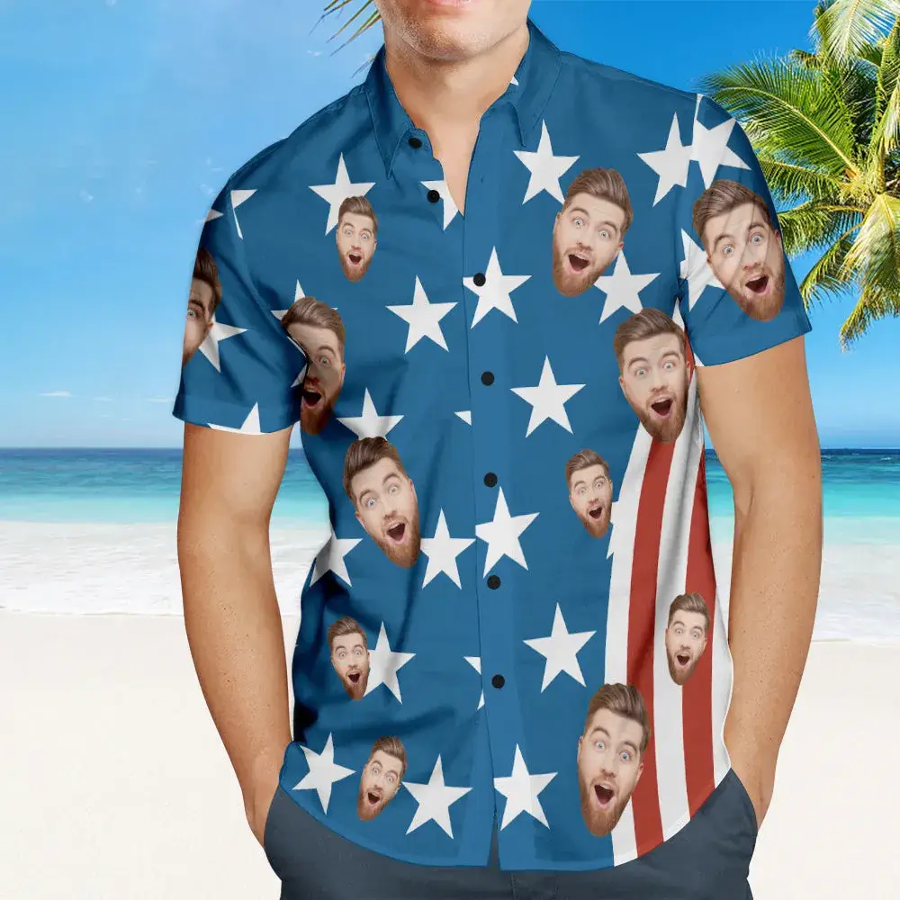 Custom Face Men's Hawaiian Shirts 4th of July American Flag Patriotic Independence Day Hawaiian Shirts - aiprintlab