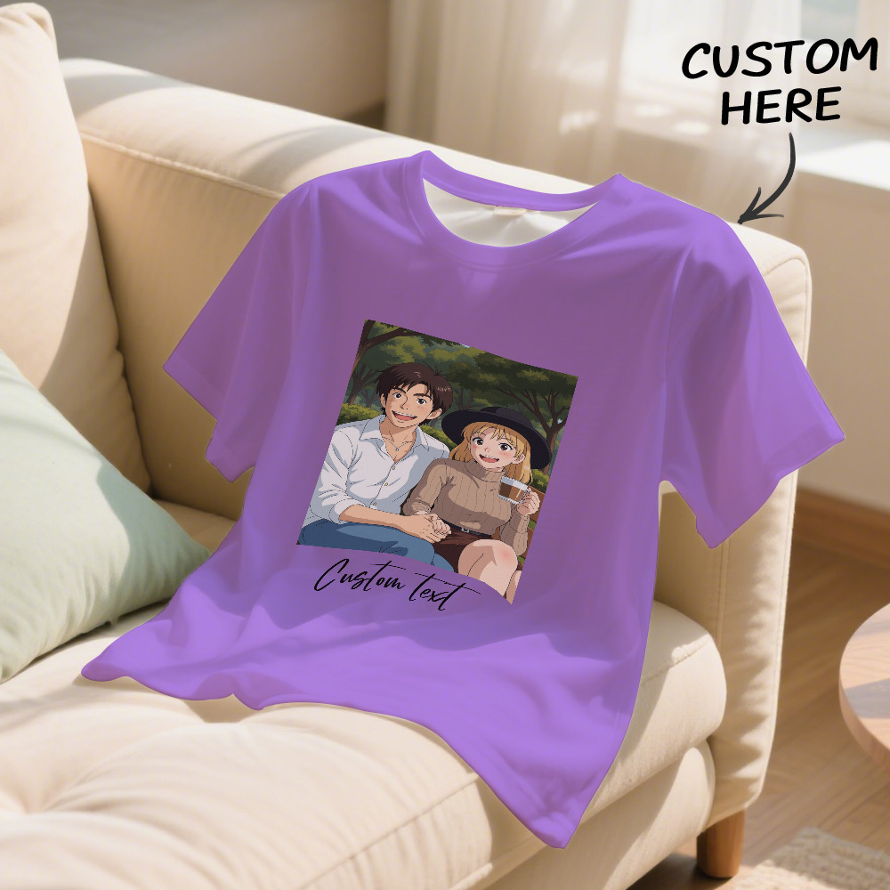 Personalized Anime Portrait Tshirt with Custom Text, Cartoon Style Drawing Shirt, Gift for Mom Dad Kids from Photo, Custom Gibli Art