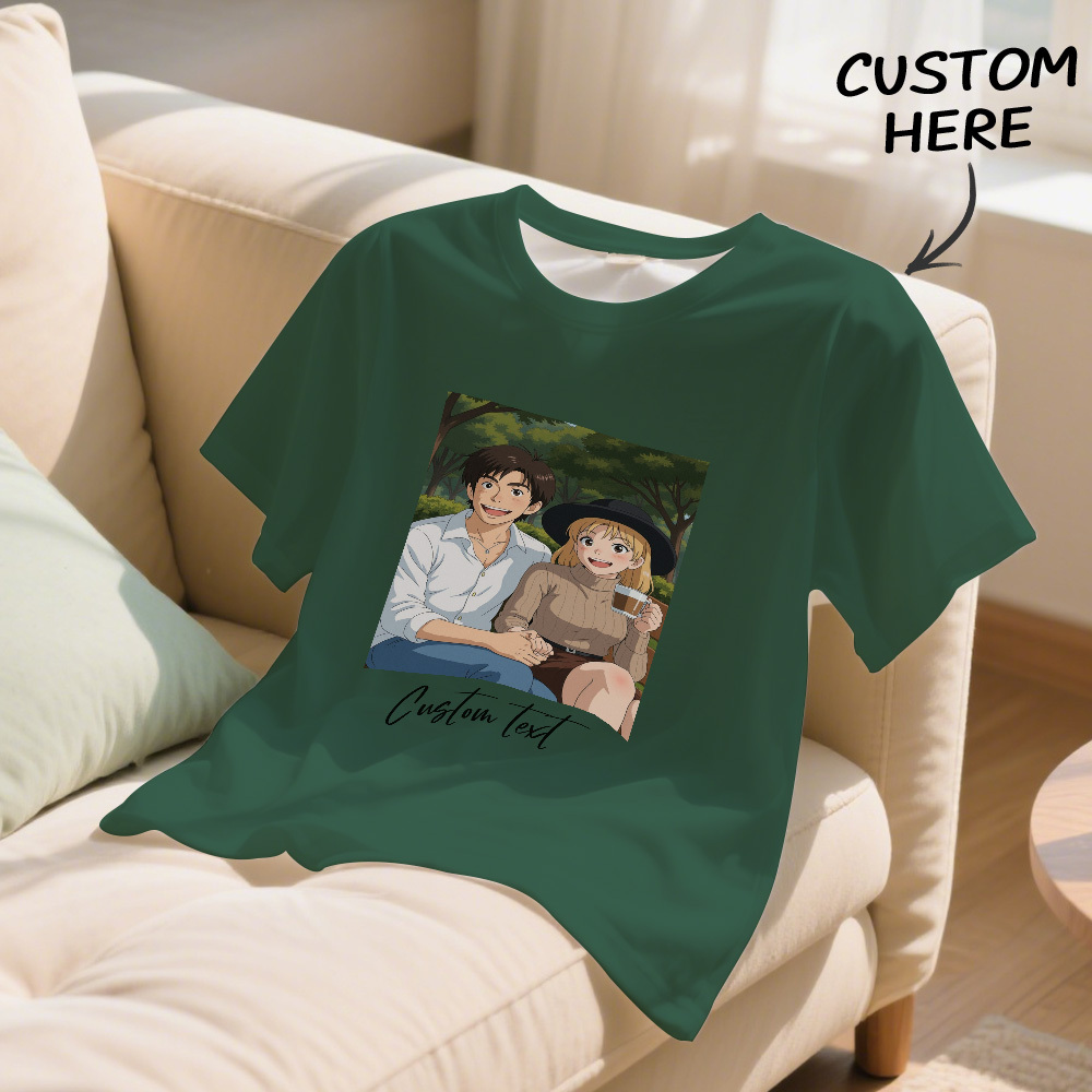 Personalized Anime Portrait Tshirt with Custom Text, Cartoon Style Drawing Shirt, Gift for Mom Dad Kids from Photo, Custom Gibli Art