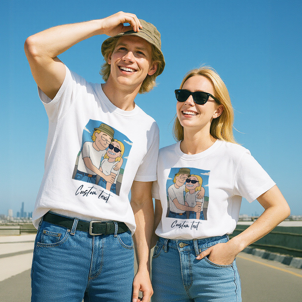 Personalized Couple Anime Face T Shirts Custom Text Cute American Cartoon Style Filter Funny Comic Style Design Unique Matching Outfits Custom Graphic Tee