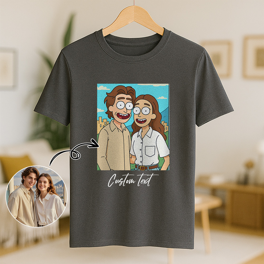 Personalized Couple Anime Face T Shirts Custom Text Cute American Cartoon Style Filter Funny Comic Style Design Unique Matching Outfits Custom Graphic Tee Creative Couple Clothing Birthday Anniversary Holiday Gift