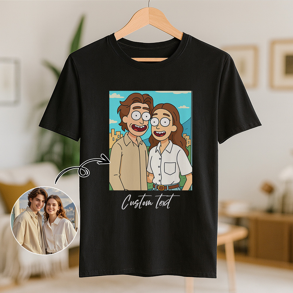 Personalized Couple Anime Face T Shirts Custom Text Cute American Cartoon Style Filter Funny Comic Style Design Unique Matching Outfits Custom Graphic Tee