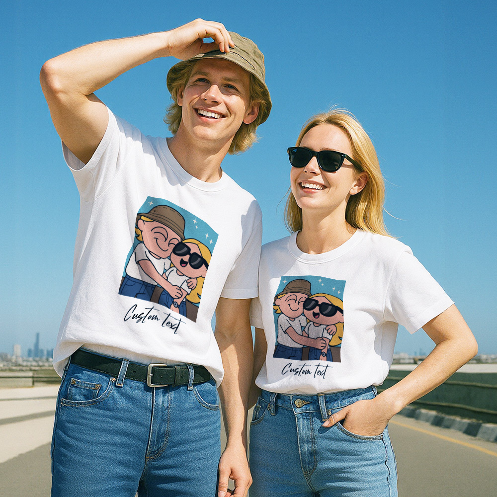 Personalized Couple Anime Face T Shirts Custom Text Cute American Cartoon Style Filter