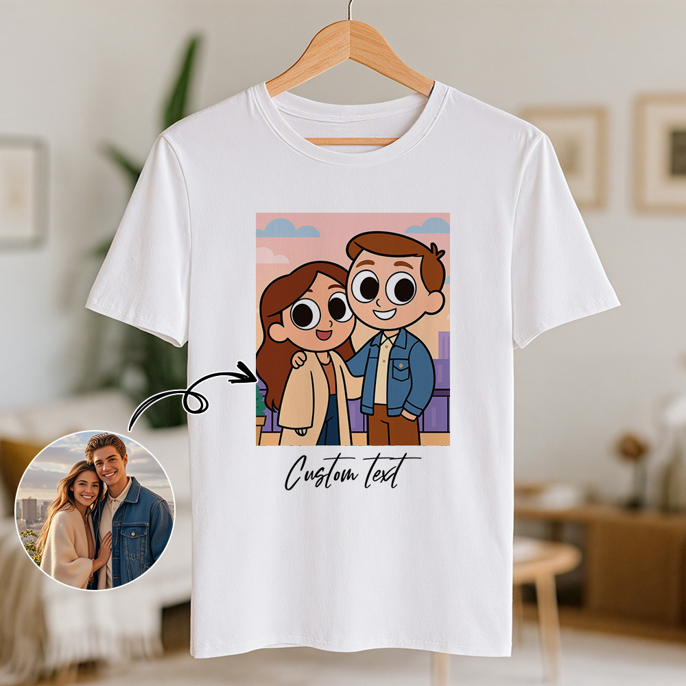 Personalized Couple Anime Face T Shirts Custom Text Cute American Cartoon Style Filter