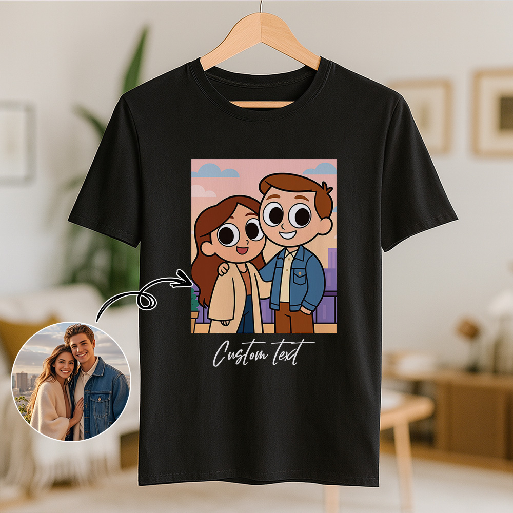 Personalized Couple Anime Face T Shirts Custom Text Cute American Cartoon Style Filter