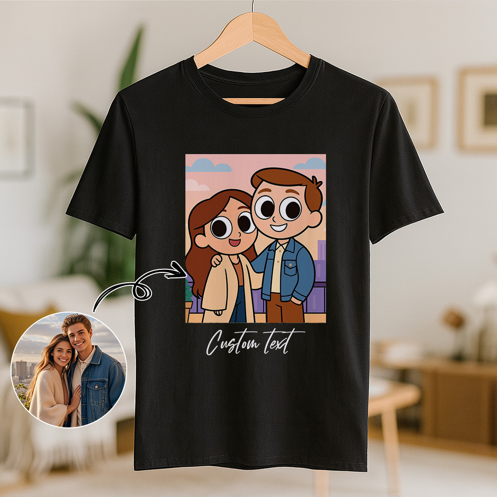Personalized Couple Anime Face T Shirts Custom Text Cute American Cartoon Style Filter
