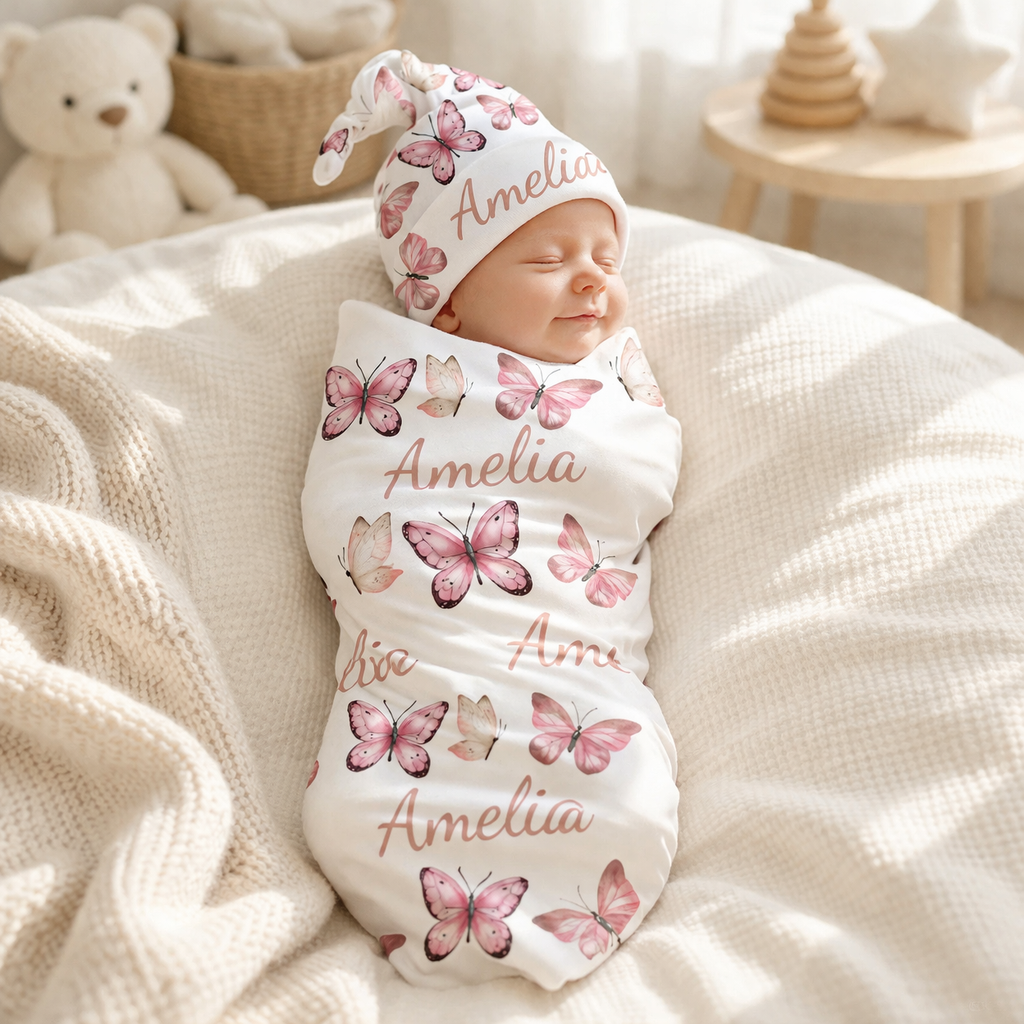 Personalized Name Butterfly Swaddle Custom Name Baby Blanket Pink Nursery Gift for New Mom