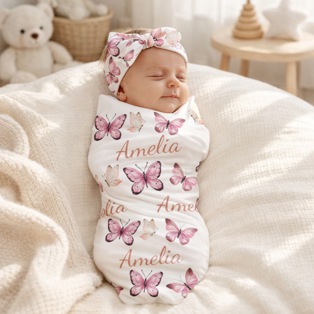 Personalized Name Butterfly Swaddle Custom Name Baby Blanket Pink Nursery Gift for New Mom