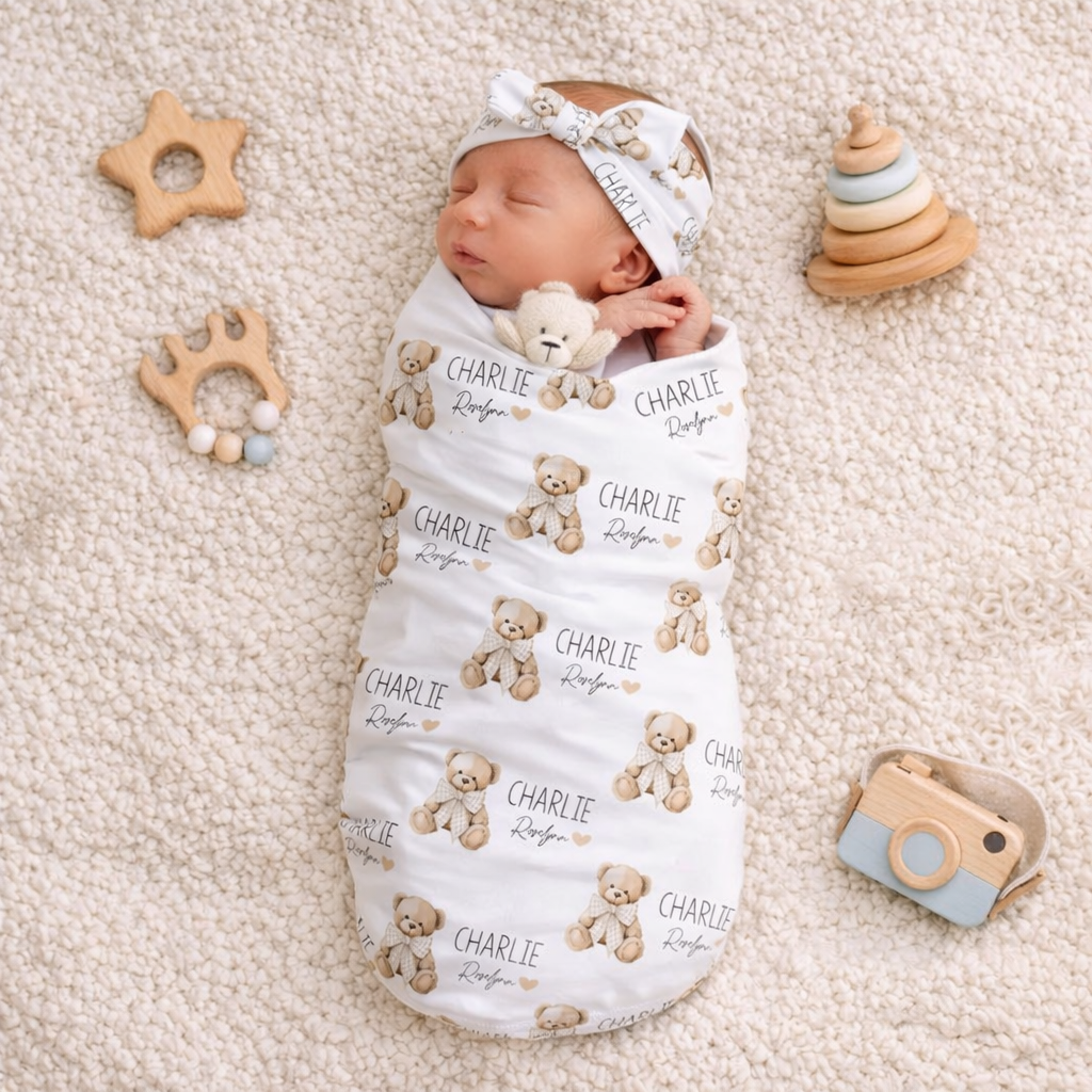 Personalized Name Teddy Bear Swaddle Custom Name Baby Blanket Newborn Coming Home Gift for New Mom