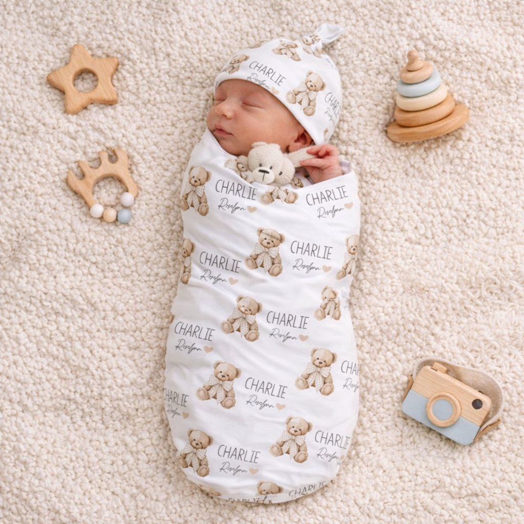 Personalized Name Teddy Bear Swaddle Custom Name Baby Blanket Newborn Coming Home Gift for New Mom