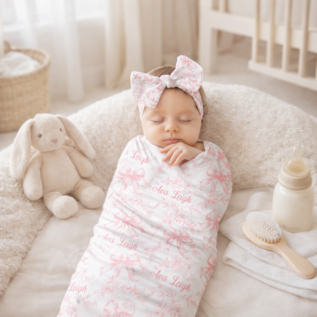 Personalized Name Pink Toile Swaddle Custom Name Ribbon Baby Blanket Newborn Coming Home Gift for Baby Girl