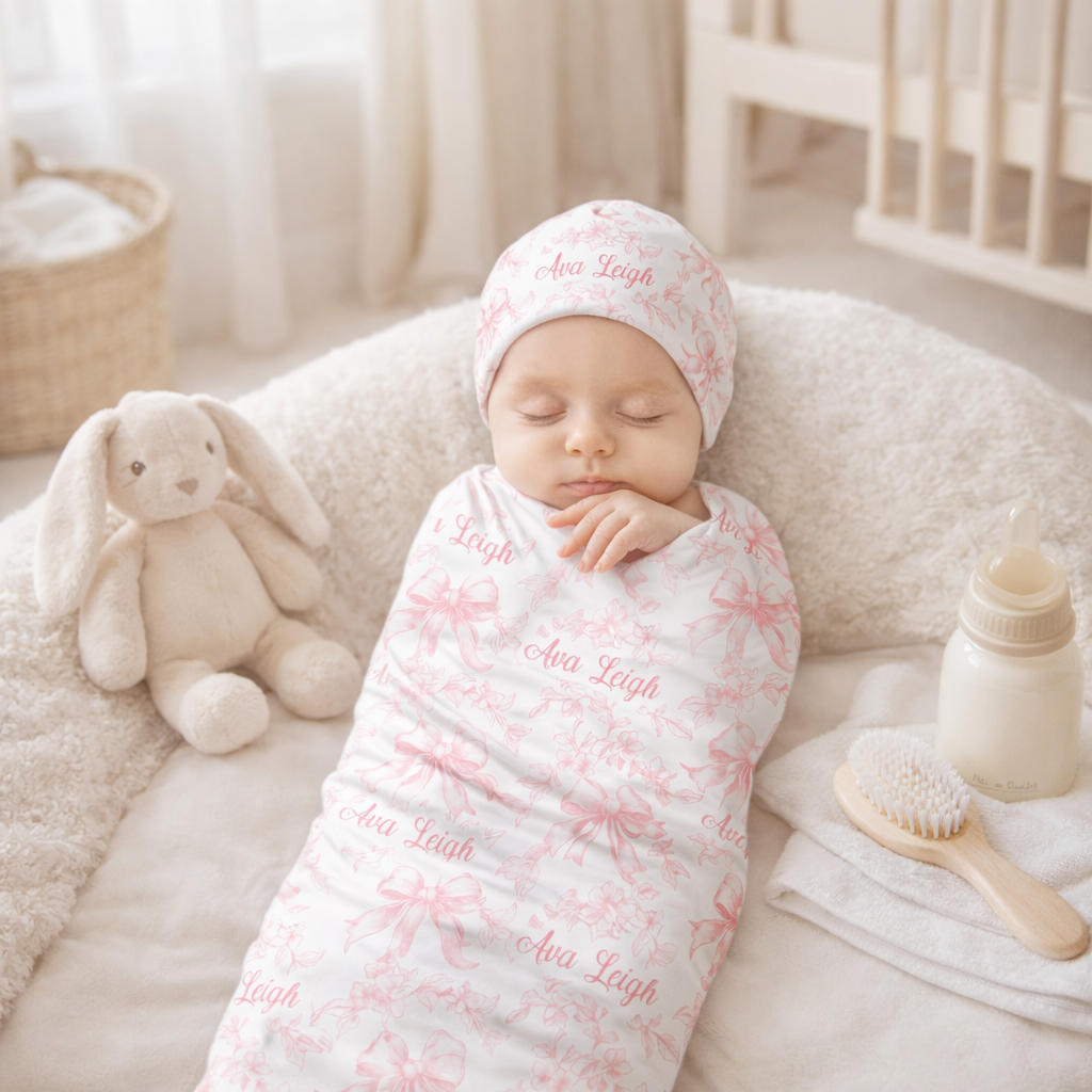 Personalized Name Pink Toile Swaddle Custom Name Ribbon Baby Blanket Newborn Coming Home Gift for Baby Girl