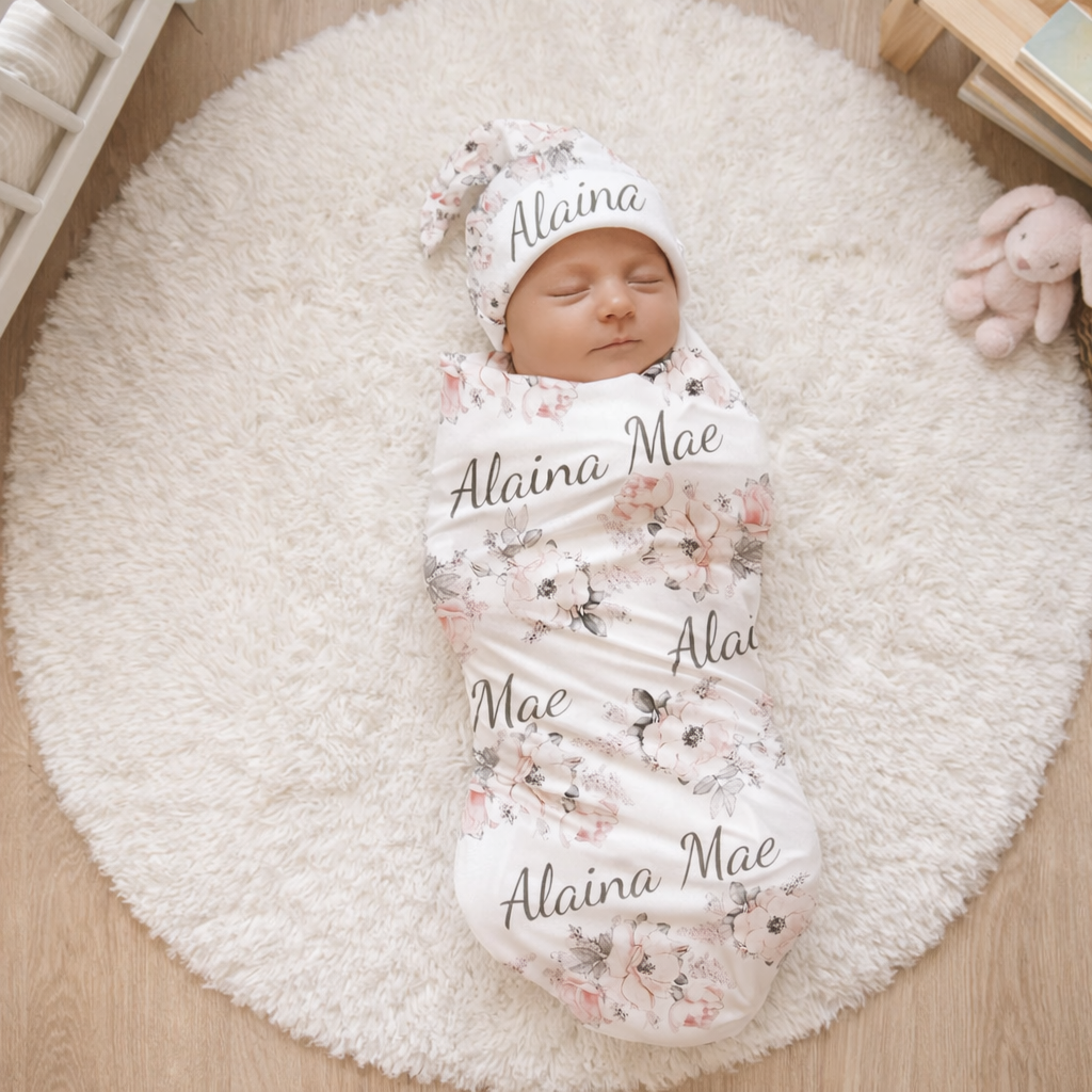 Personalized Name Floral Swaddle Custom Name Baby Blanket Newborn Coming Home Gift for Baby Girl