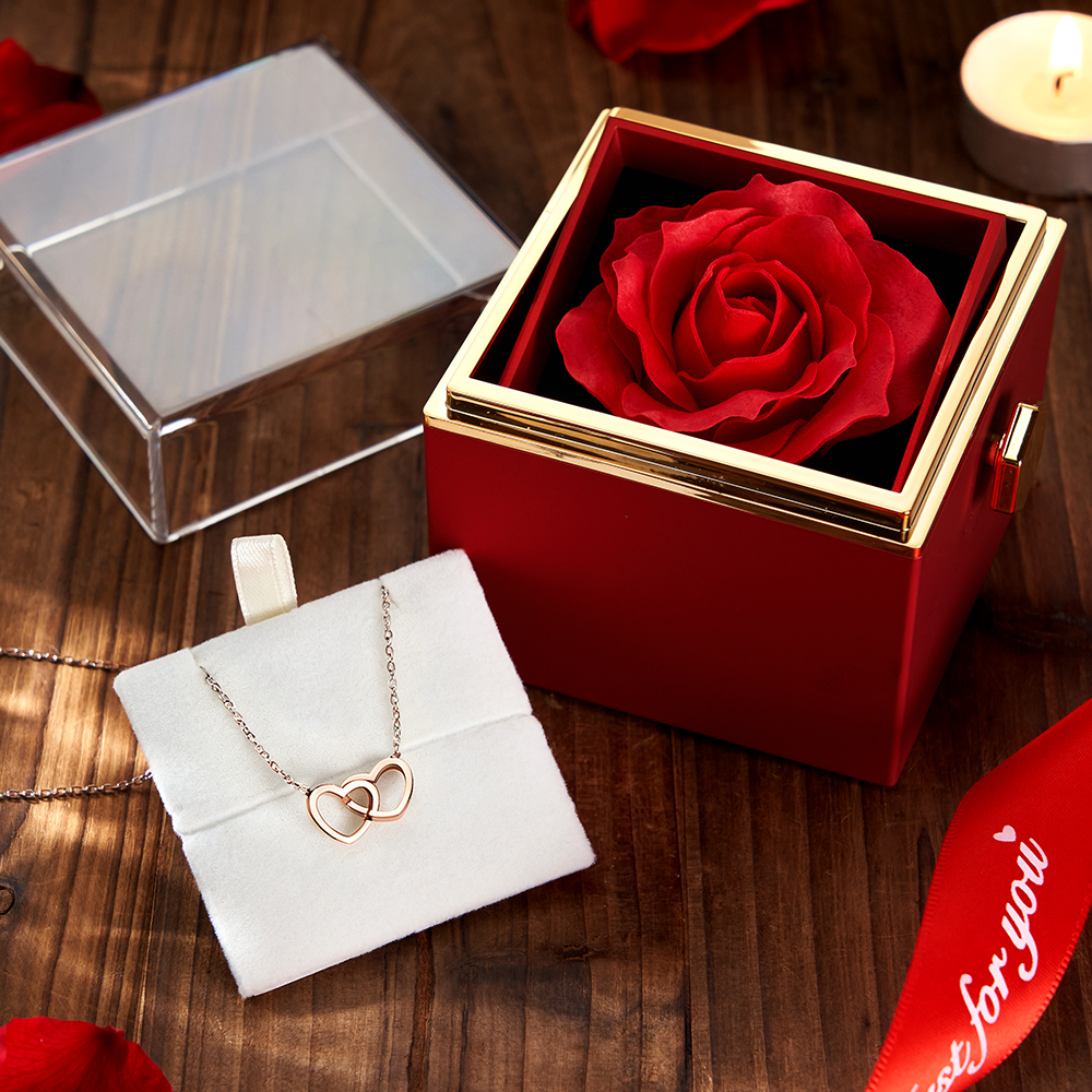 Personalized Heart Necklace with Eternal Rose Box Custom Name Necklace and Forever Rose Gift Set Heart to Heart Name Necklace - aiprintlab