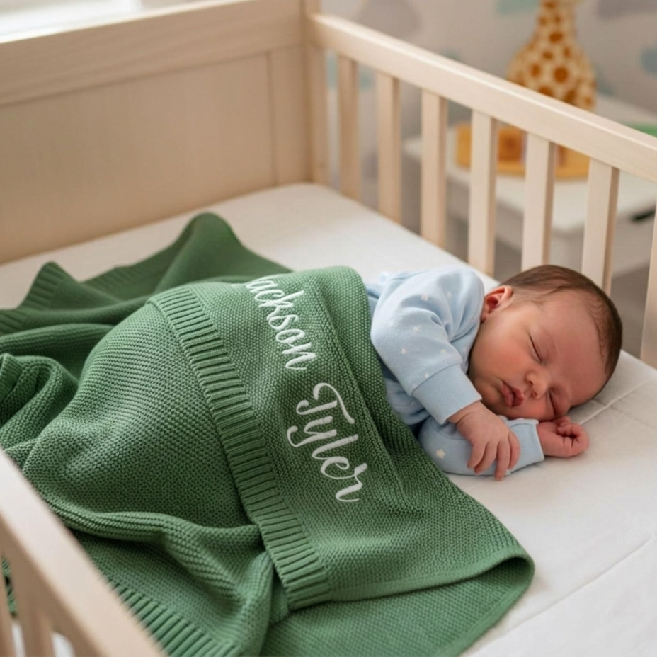 Personalized Name Swaddle Blanket Custom Name Knit Blanket Organic Cotton Receiving Bag for Baby Shower Gift for New Parents