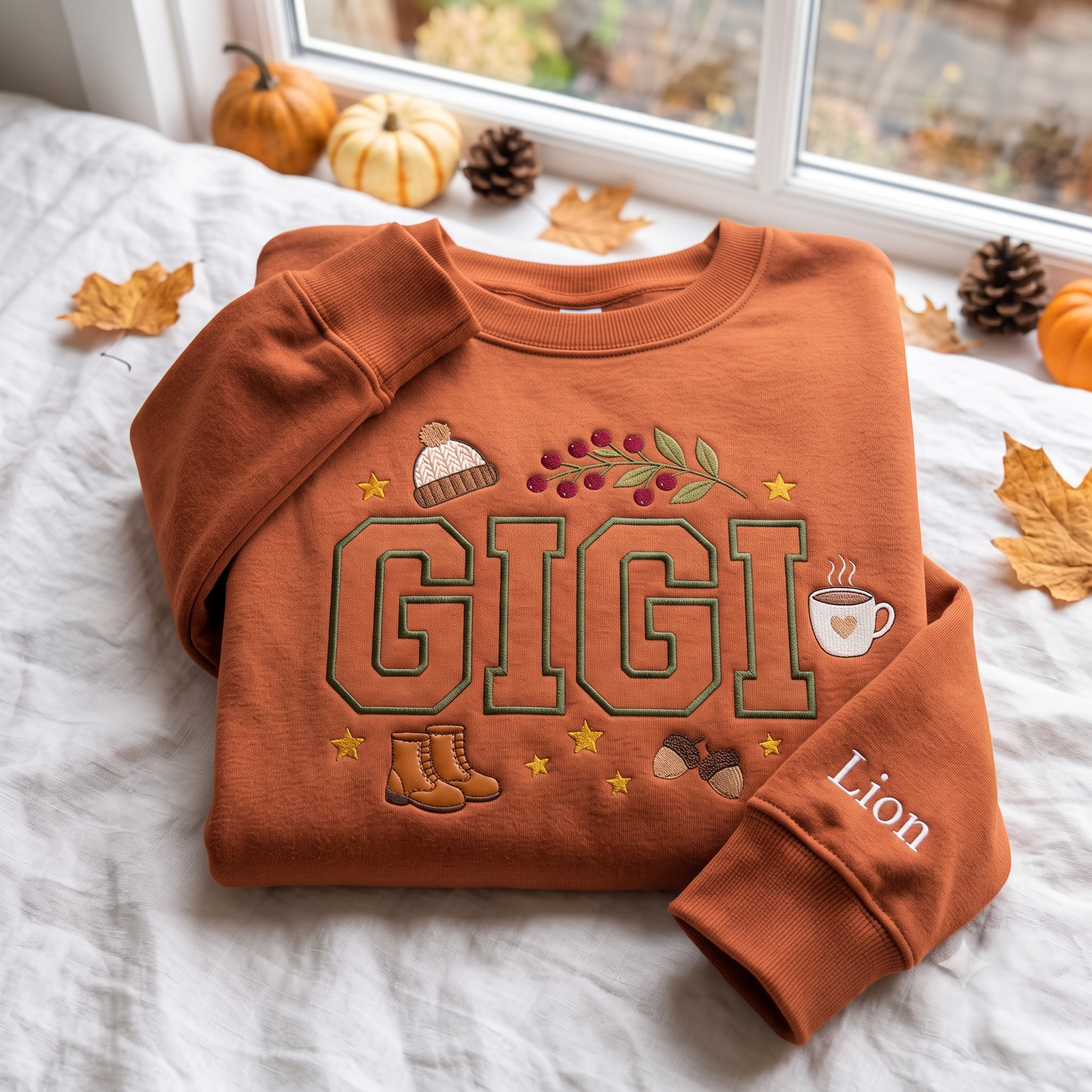 The Custom Fall "Cozy Grandma" with Grandkids Names on Sleeve - Personalized Embroided Sweatshirt