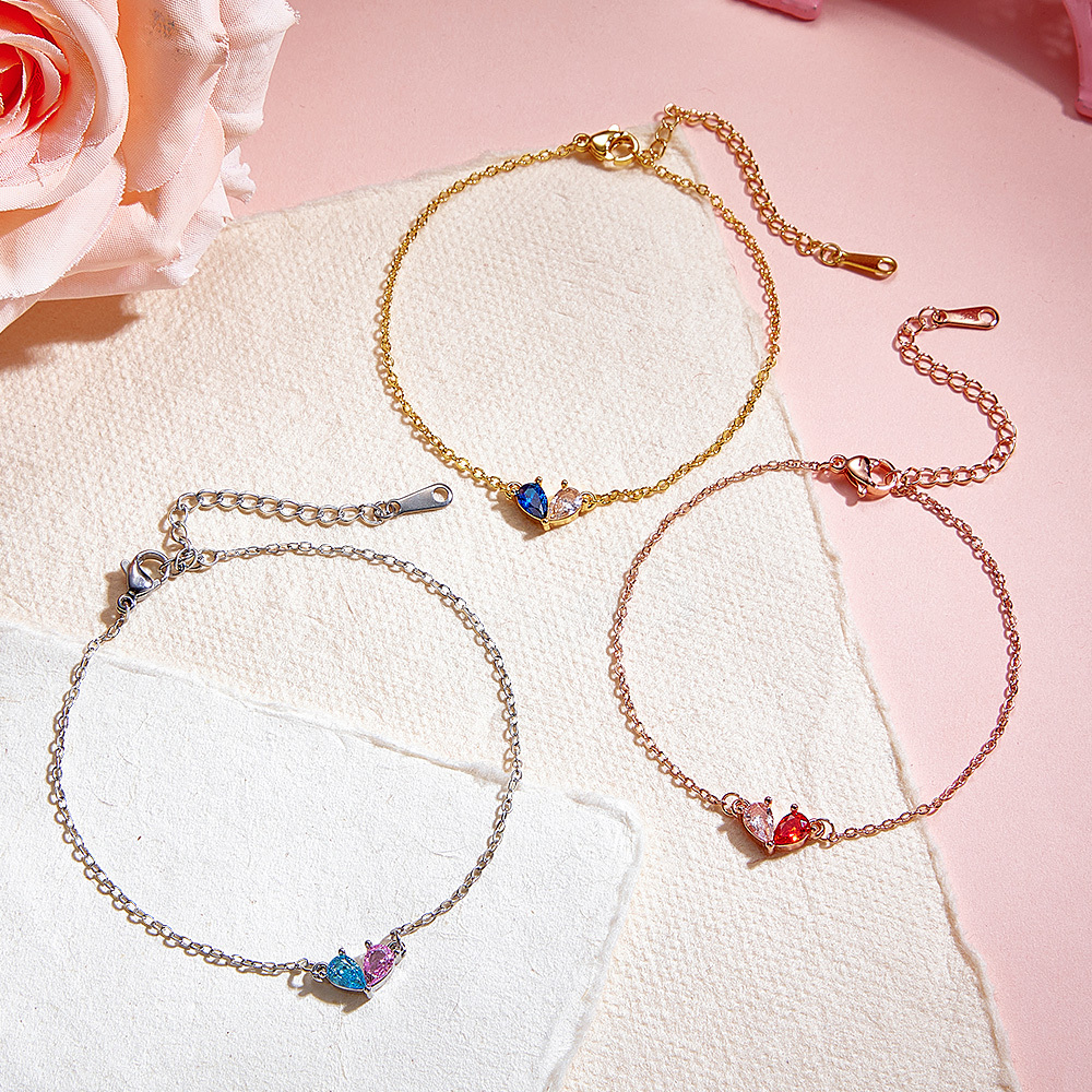 Personalized Couple Birthstone Heart Bracelet Custom Two Birthstone Bracelet for Couples Adjustable Matching Birthstone Bracelet - aiprintlab