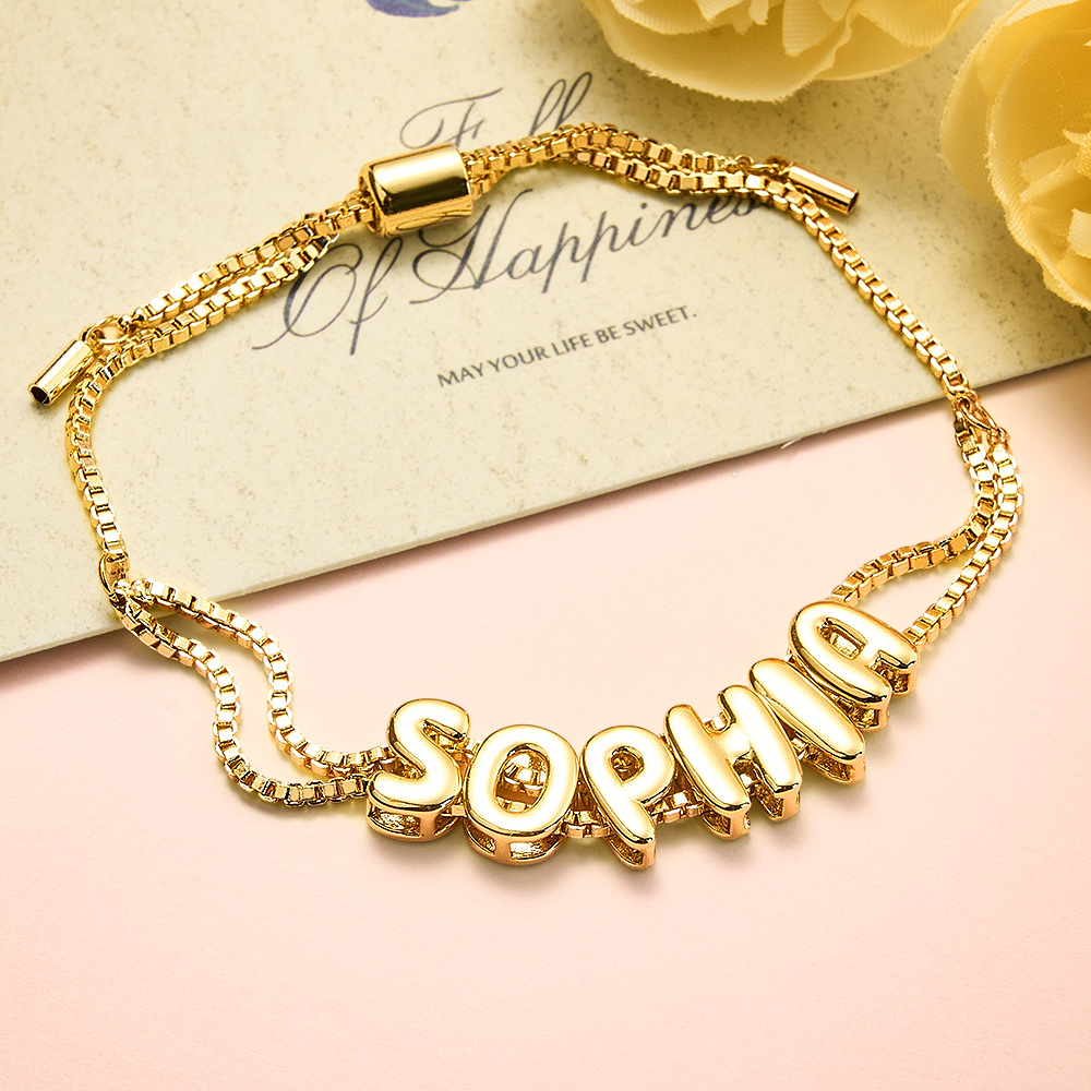 Custom Bubble Letter Name Bracelet Personalized Name Bracelet Engraved Name Bracelet Bridesmaid Name Bracelet Gift for Her