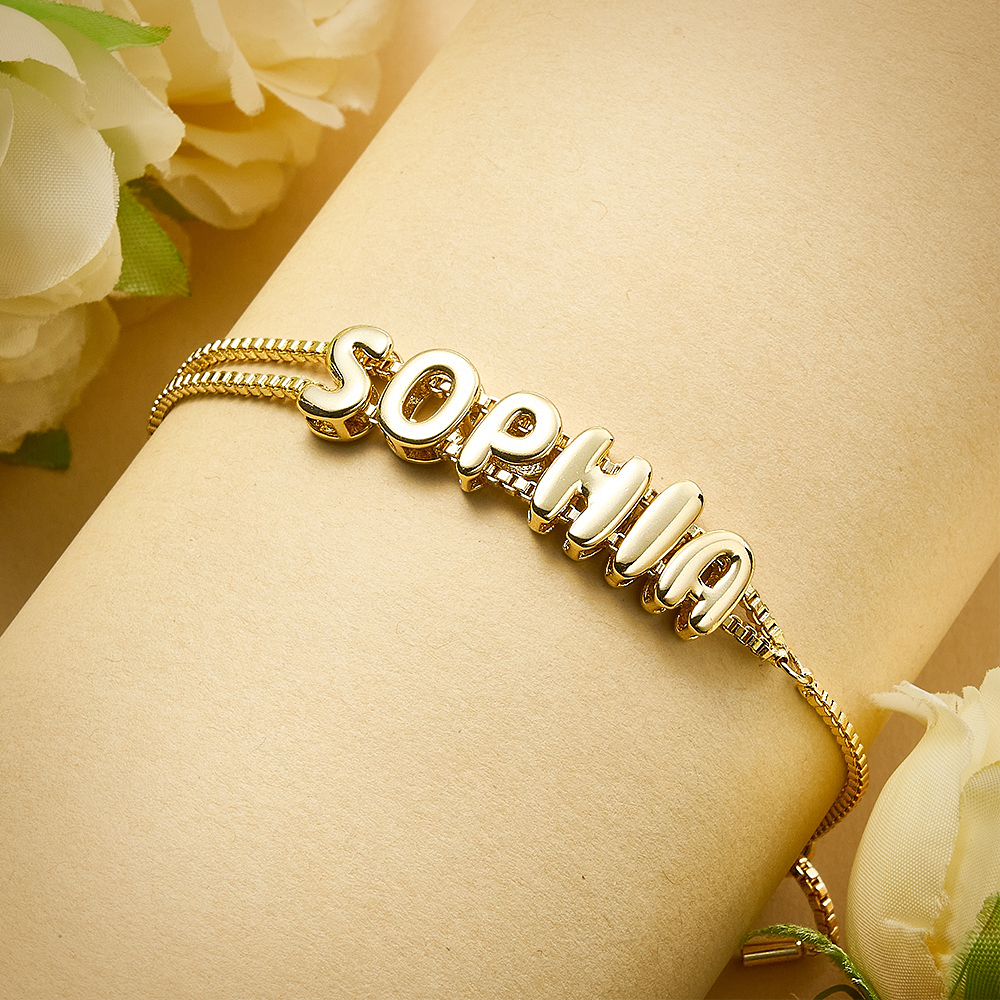 Custom Bubble Letter Name Bracelet Personalized Name Bracelet Engraved Name Bracelet Bridesmaid Name Bracelet Gift for Her - aiprintlab