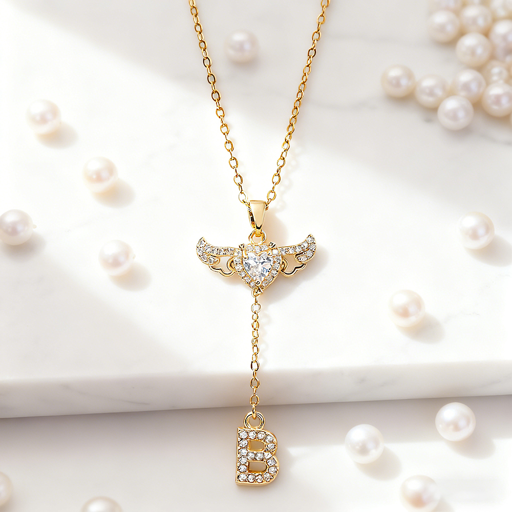 Animated Cupid Angel Wings Initial Necklace Custom Initial Drop Necklace with Moving Wings Charm Fun Kinetic Initial Drop Pendant Christmas Gifts for Her - aiprintlab