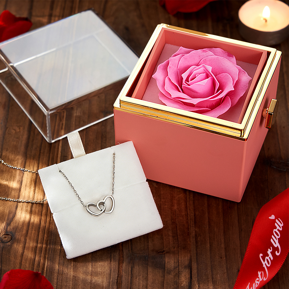 Personalized Heart Necklace with Eternal Rose Box Custom Name Necklace and Forever Rose Gift Set Heart to Heart Name Necklace - aiprintlab