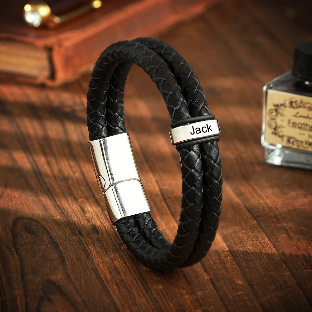 Personalized Engraved Leather Bracelet Custom Bead Braided Leather Bracelet - aiprintlab