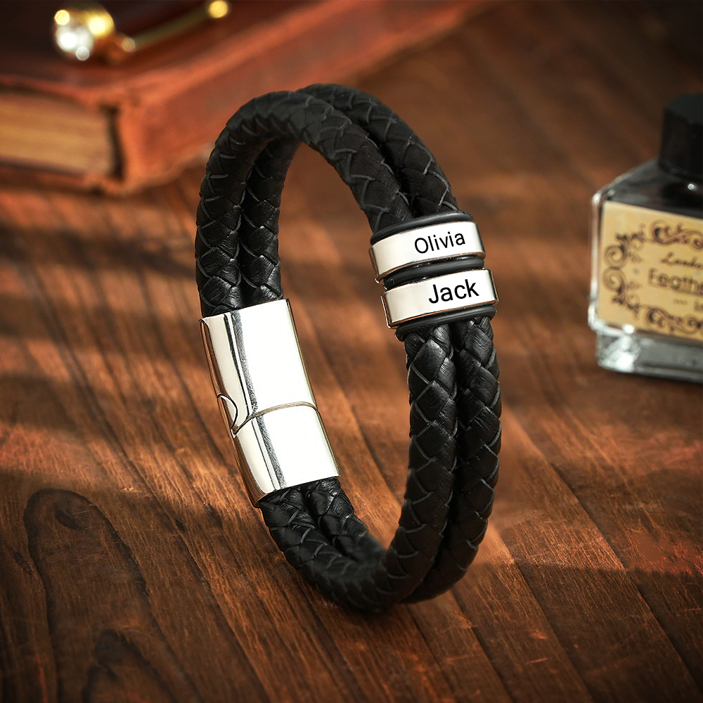 Personalized Engraved Leather Bracelet Custom Bead Braided Leather Bracelet - aiprintlab