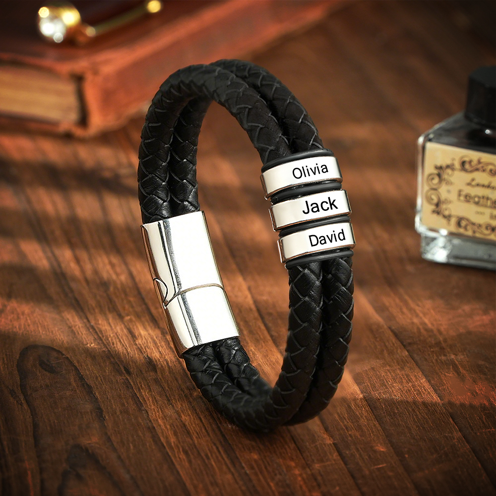 Personalized Engraved Leather Bracelet Custom Bead Braided Leather Bracelet - aiprintlab