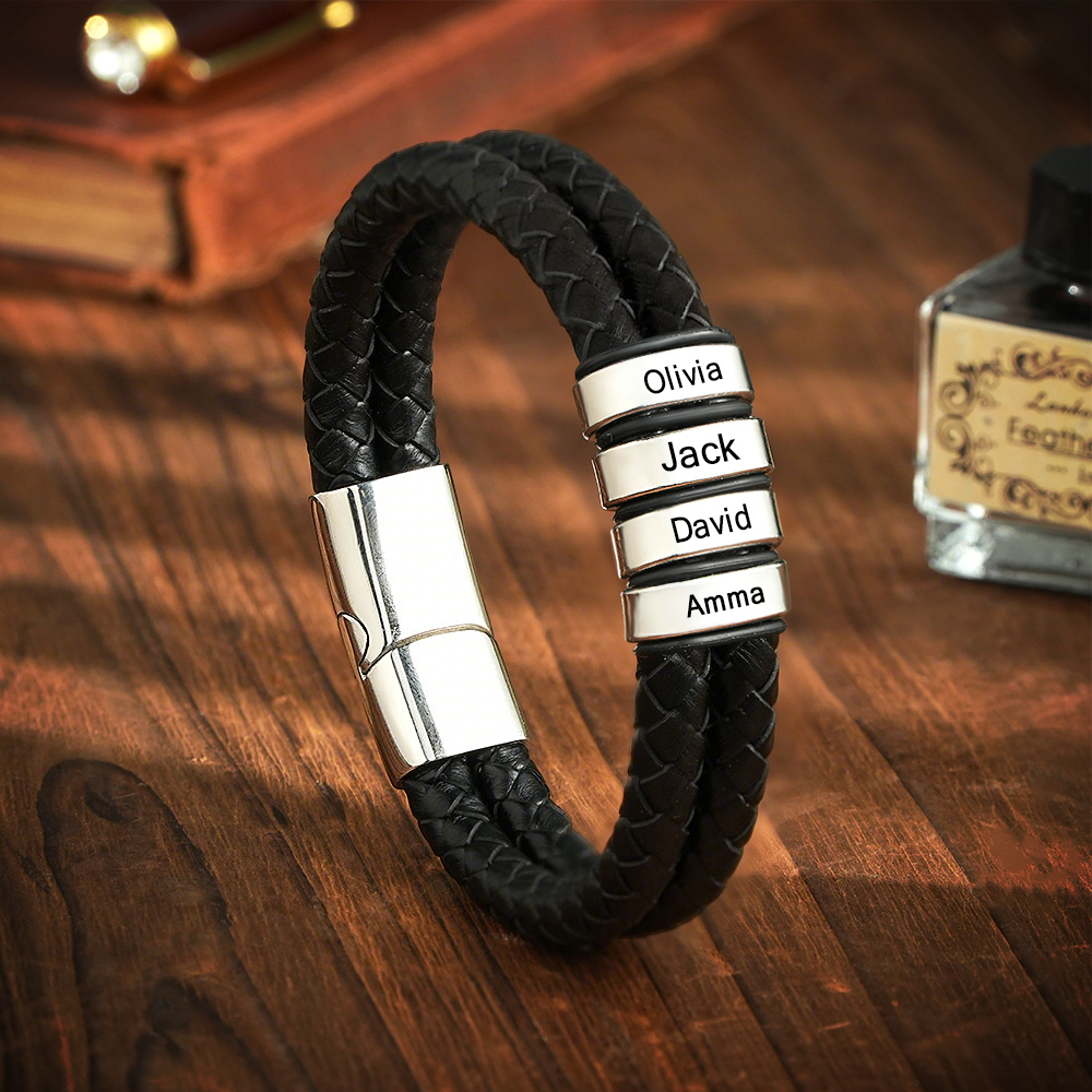 Personalized Engraved Leather Bracelet Custom Bead Braided Leather Bracelet - aiprintlab