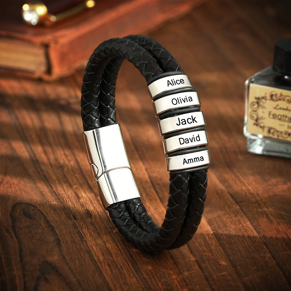 Personalized Engraved Leather Bracelet Custom Bead Braided Leather Bracelet - aiprintlab