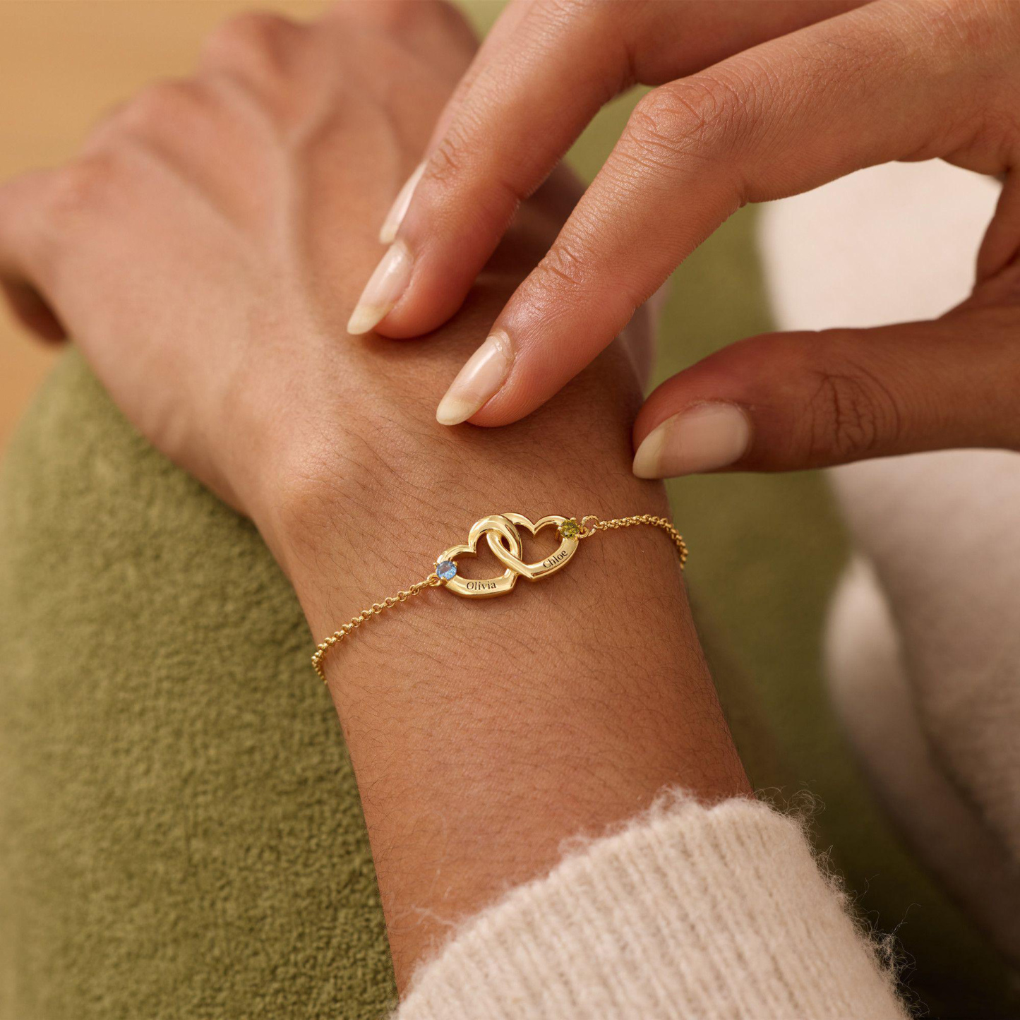 Custom Interlocking Heart Name Bracelet Birthstone Engraved Personalized Double Heart Bracelet for Couples Best Friends - aiprintlab