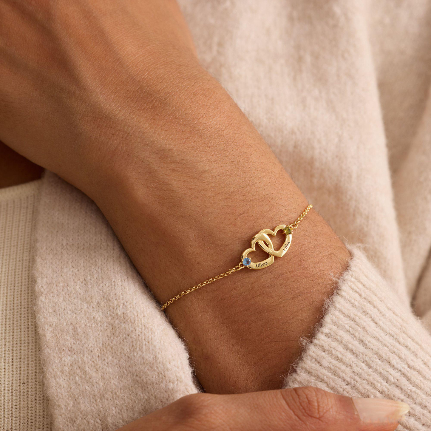 Custom Interlocking Heart Name Bracelet Birthstone Engraved Personalized Double Heart Bracelet for Couples Best Friends - aiprintlab