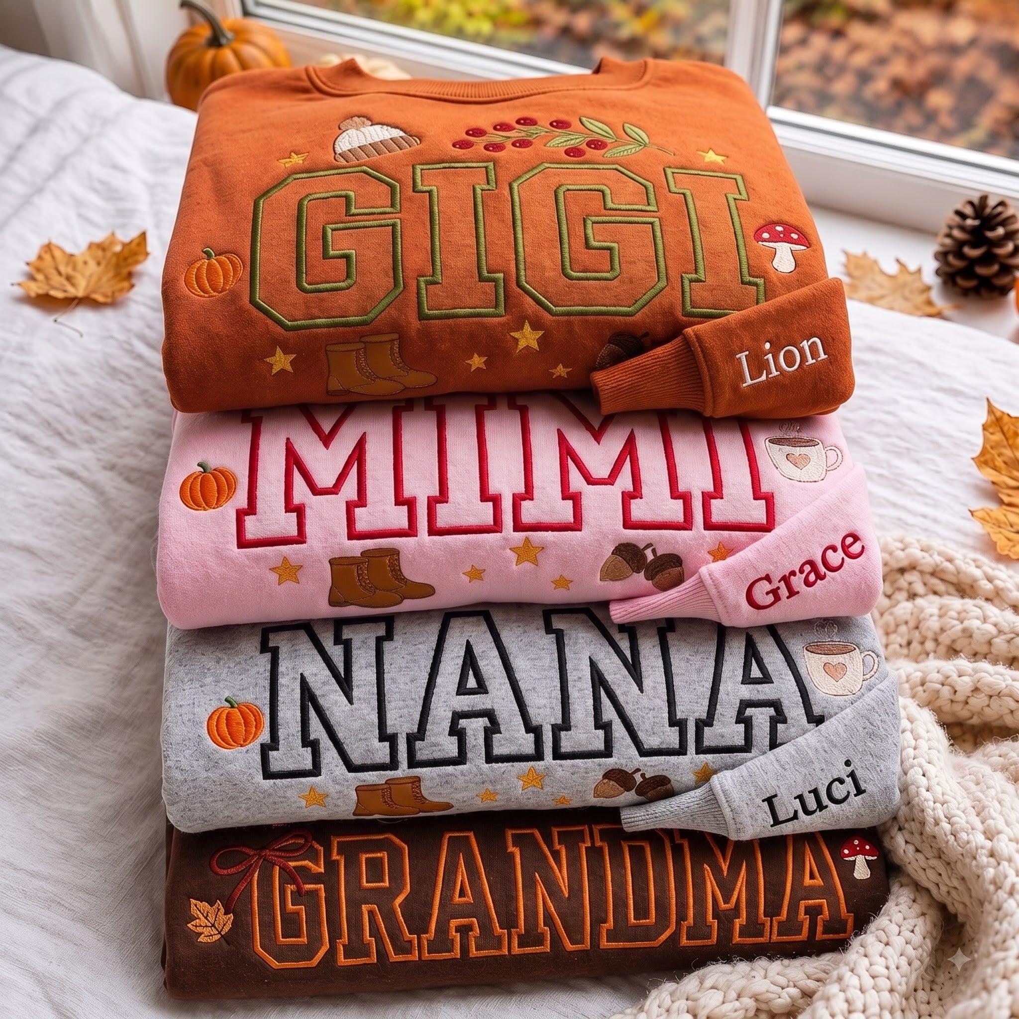 The Custom Fall "Cozy Grandma" with Grandkids Names on Sleeve - Personalized Embroided Sweatshirt