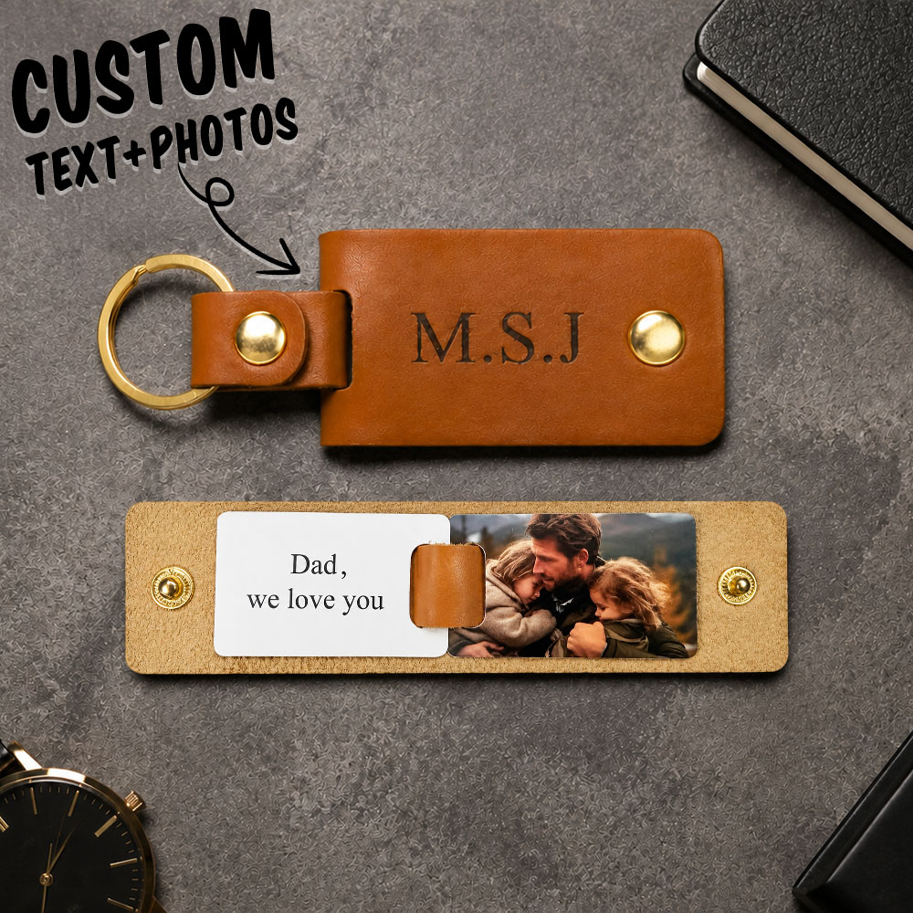 Personalized Inscription Leather Photo Keychain Custom Text Multi Picture Keyring Father's Day Gift for Best Dad Ever